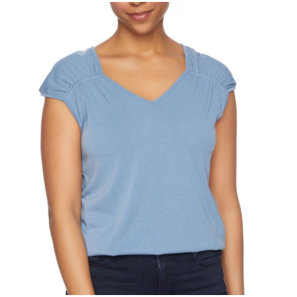 cooper & ella Coronet Blue ruched shoulder Top - Picture 2 of 5